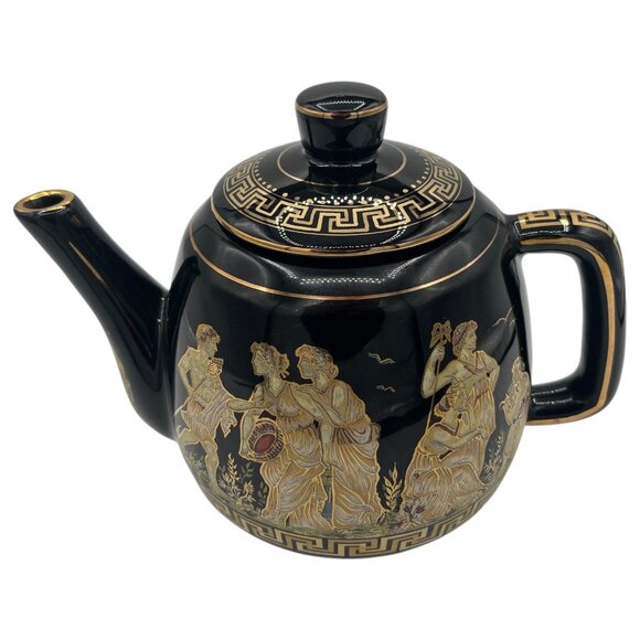 24kt Gold Kratimenos Teapot Black Made In Greece 7” Tall - Picture 2 of 10